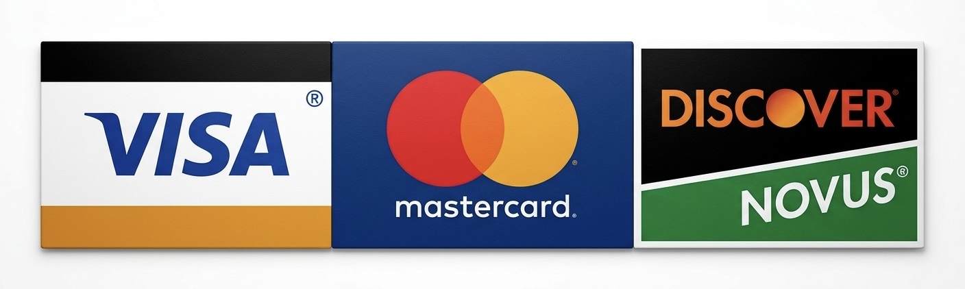 Visa, Mastercard, and Discover credit cards accepted
